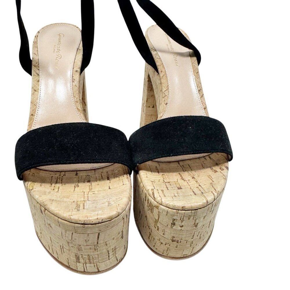 Gianvito Rossi size 39 9 Cork Platform Sandals Ankle Tie Strap Black Suede shoes - Picture 9 of 15